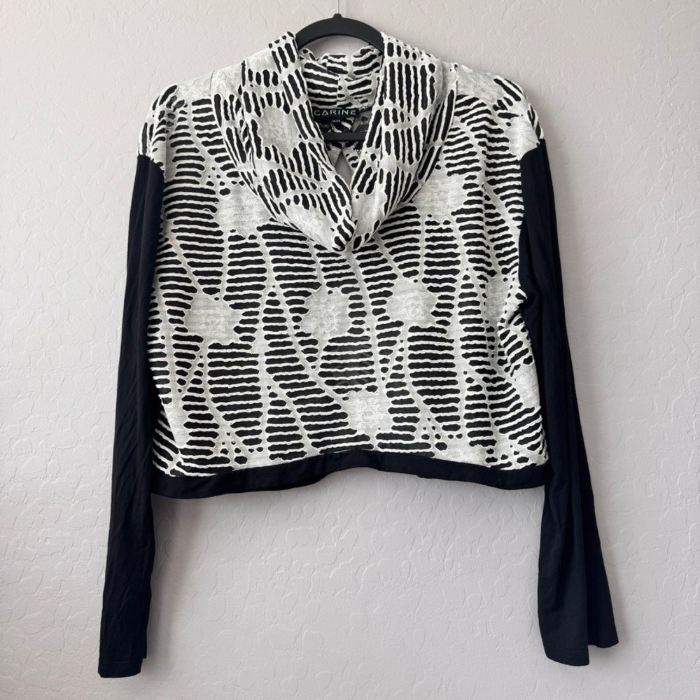 Carine XLarge Cropped Top Black White Long Sleeve Cowl Neck Open Back Burnout